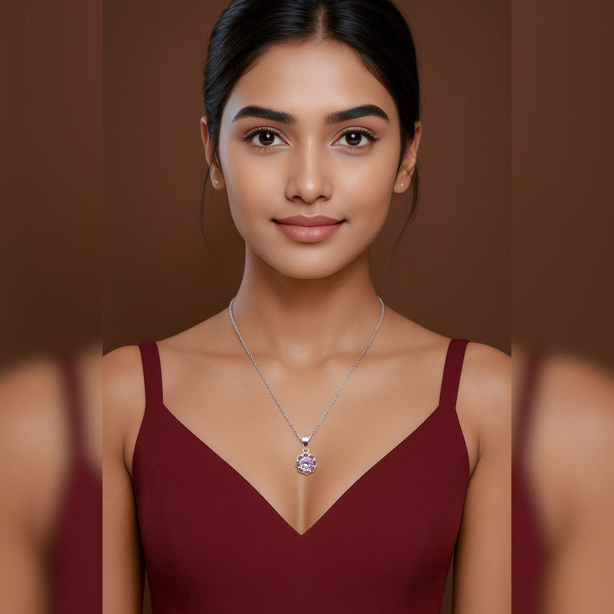 SILVER SOLITAIRE FLORAL PENDENT WITH 2 TONE LINK CHAIN
