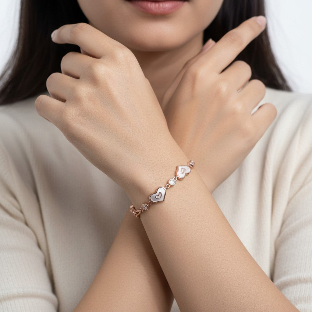 ROSEGOLD MOP WHITE HEART SILVER BRACELET