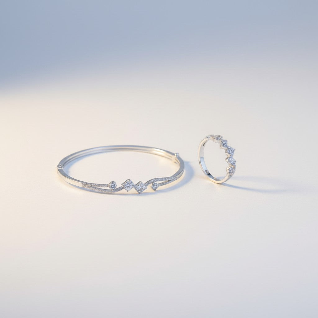 Luxe 925 Silver Handcrafted Kada and Ring Ensemble