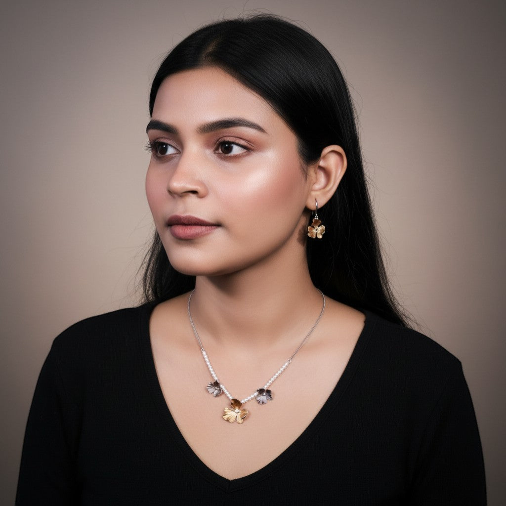925 SILVER FLORAL PEARL NECKLACE SET