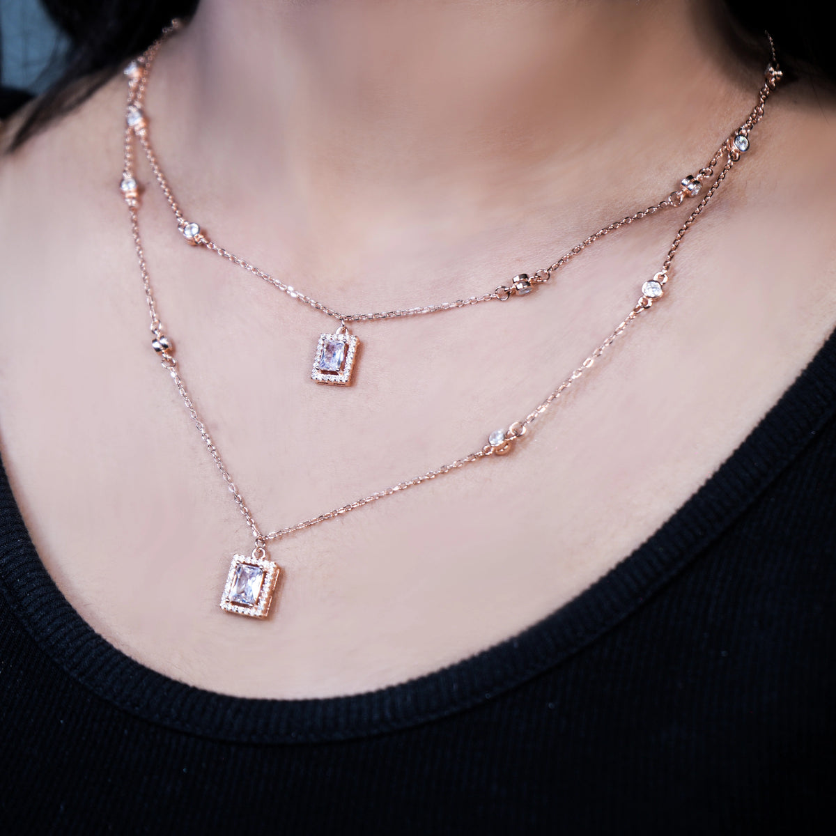 Radiant dual line rose gold silver Necklace
