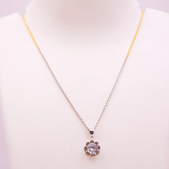 SILVER SOLITAIRE FLORAL PENDENT WITH 2 TONE LINK CHAIN