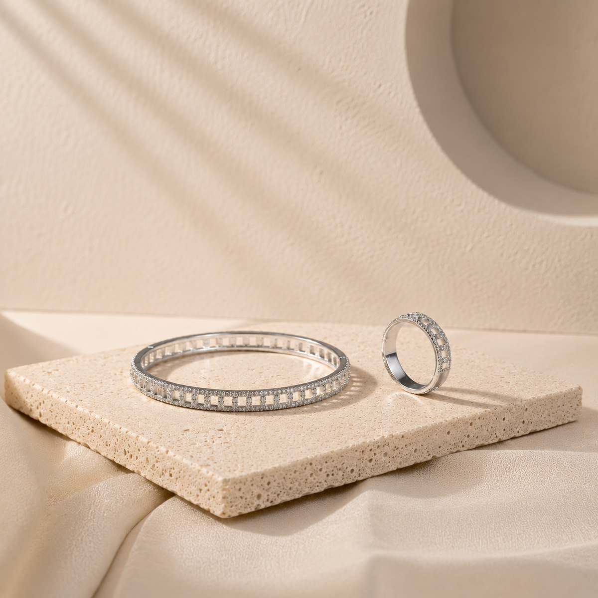 Silver Timeless Sparkle Kada & Ring Duo